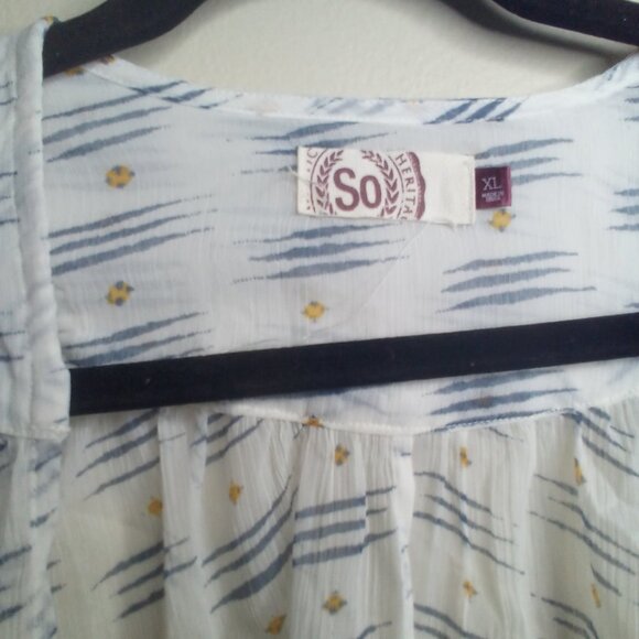So Open Front Blouse XL Short Sleeve Sheer Patterned White Blue Yellow - Picture 7 of 16